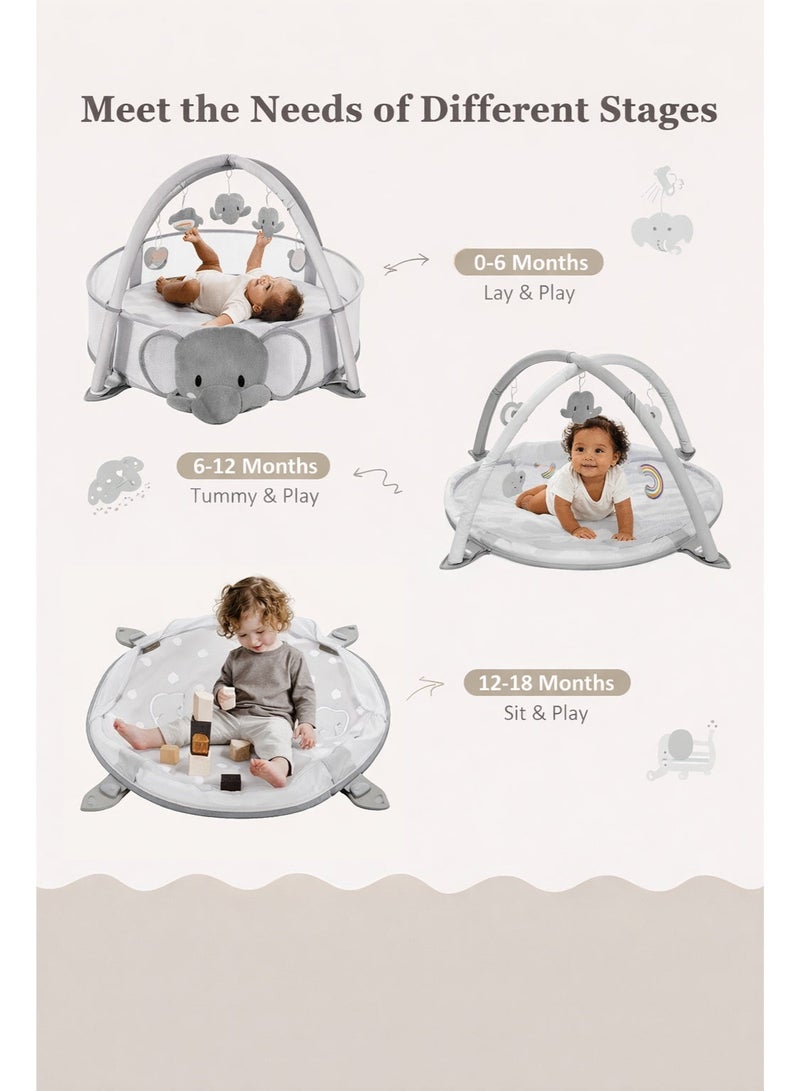 سجادة ألعاب أطفال XL مع قفص كرات، حصيرة وقت البطن مع سياج شبكي قابل للتنفس، 5 ألعاب معلّقة قابلة للفصل، 30 كرة ملوّنة، شكل فيل - Image 3